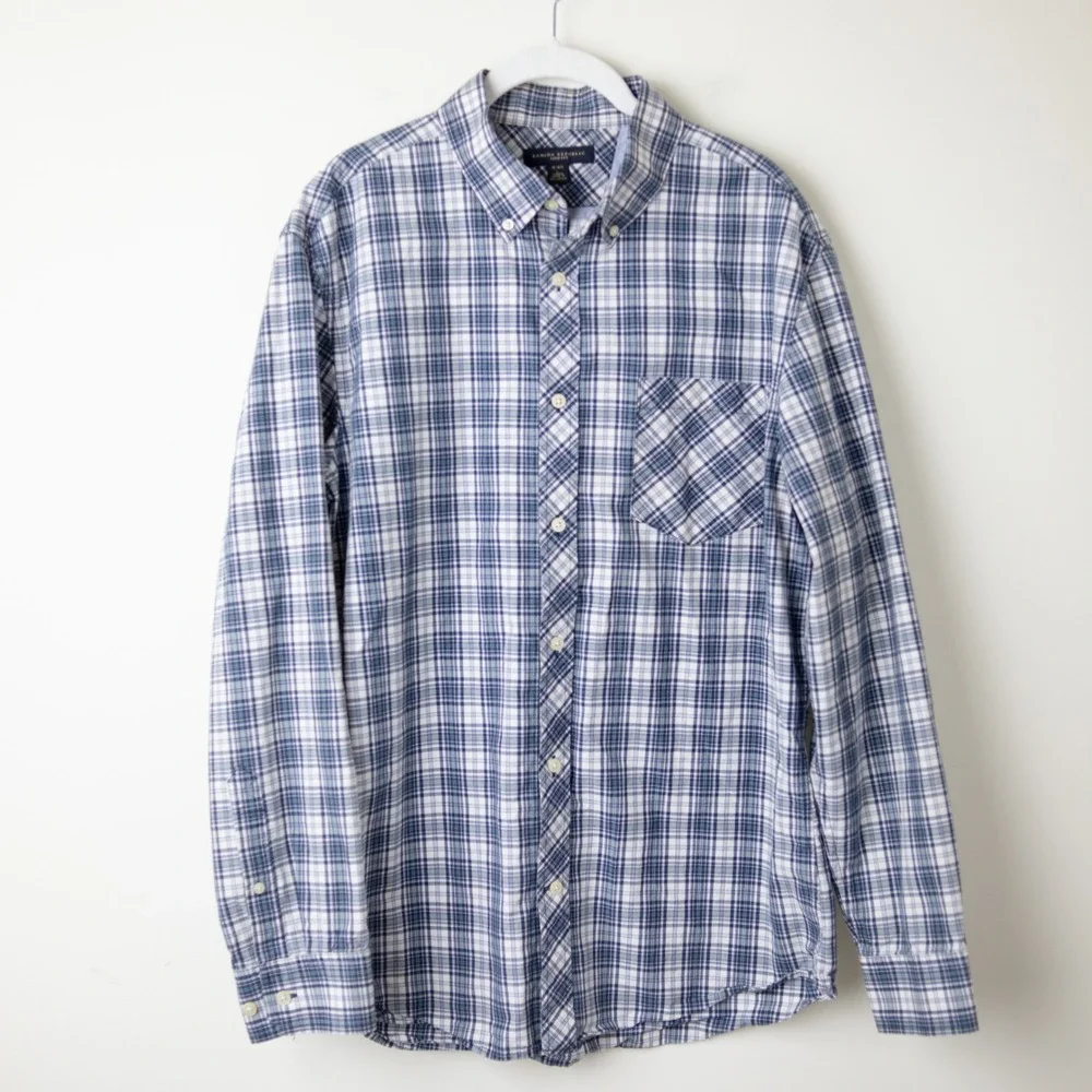 Banana Republic Slim Fit 100% Cotton Plaid Shirt Mens Large Blue Button Western